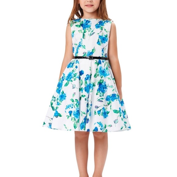 Kate Kasin | Girls White and Blue Sleeveless A-line Wedding Guest Dress - Picture 2 of 3